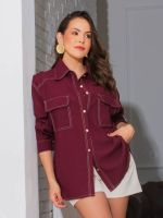 Camisa Feminina Oversized Viscose Bolsos Frontais Francesca