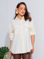 Camisa Feminina Oversized Viscose Bolsos Frontais Francesca