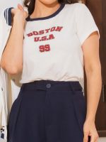 Camiseta Feminina Baby Tee 100% Algodão Estampa Boston Manga Curta Manu