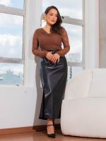 Saia Feminina Couro Eco Midi com Fenda Francesca
