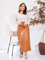Saia Feminina Couro Eco Midi com Fenda Francesca