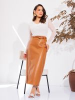 Saia Feminina Couro Eco Midi com Fenda Francesca