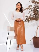 Saia Feminina Couro Eco Midi com Fenda Francesca