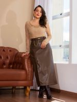 Saia Feminina Couro Eco Midi com Fenda Francesca