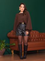 Shorts Feminino Couro Eco Cintura Alta Ana