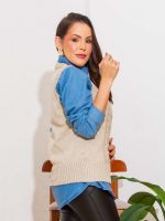 Colete Feminino de Tricô Trançado Gola Careca Antonella