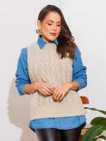 Colete Feminino de Tricô Trançado Gola Careca Antonella