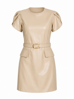 Vestido Feminino Curto Couro Eco Manga Bufante Bárbara