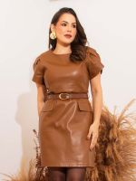 Vestido Feminino Curto Couro Eco Manga Bufante Bárbara