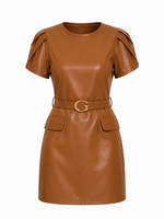 Vestido Feminino Curto Couro Eco Manga Bufante Bárbara