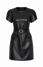 Vestido Feminino Curto Couro Eco Manga Bufante Bárbara