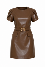Vestido Feminino Curto Couro Eco Manga Bufante Bárbara