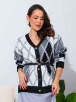 Cardigan Feminino Tricô Argyle com Botões Marcella