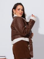 Jaqueta Feminina Aviador em Couro Eco com Teddy Mirella