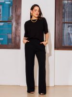 Calça Feminina Canelada Wide Leg Cintura Alta com Elástico Claudia