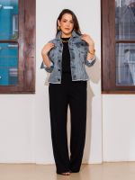 Calça Feminina Canelada Wide Leg Cintura Alta com Elástico Claudia