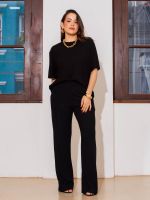 Calça Feminina Canelada Wide Leg Cintura Alta com Elástico Claudia