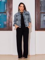 Calça Feminina Canelada Wide Leg Cintura Alta com Elástico Claudia