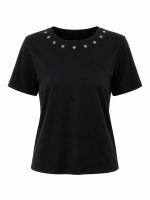 Camiseta Feminina 100% Algodão Manga Curta com Bordado na Gola Elisa