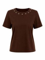 Camiseta Feminina 100% Algodão Manga Curta com Bordado na Gola Elisa