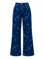 Calça Feminina Jeans Wide Leg Estampa de Bolinhas Celine