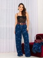 Calça Feminina Jeans Wide Leg Estampa de Bolinhas Celine