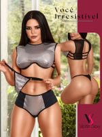 Conjunto Lingerie Paetê Prata Strappy 2 Calcinhas - Yaffa Lingerie