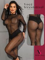 Macacão Renda Transparente Zíper e Calcinha Tanga - Yaffa Lingerie
