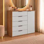Cômoda 5 Gavetas 1 Porta Multiuso MDF Altezza Clean Belmax Freijo/Off White