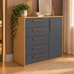 Cômoda 5 Gavetas 1 Porta Multiuso MDF Altezza Trend Belmax Freijo/Titânio