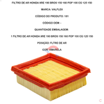 Filtro De Ar Honda Xre 190 Bros 150 160 Pop 100 Cg 125 150 Vlaflex 181