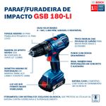 Parafusadeira e Furadeira de Impacto A Bateria Gsb 180-Li Bosch UN