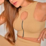 Top Fitness Com Zíper Bege Canelado Básico