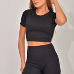 Conjunto Short Fitness Cintura Alta Preto Canelado Básico