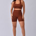 Short Fitness Cintura Alta Marrom Canelado Básico