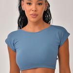 Top Cropped Fitness Com Manga Azul