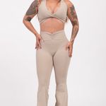 Conjunto Legging Flare Fitness Cintura Alta Bege Confort JuPxt