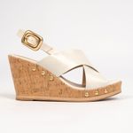 Sandália Anabela Off White Frente Cruzada Com Tachas