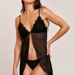 Camisola Juliana Em Tule e Renda Sem Bojo Com Abertura Frontal e Calcinha
