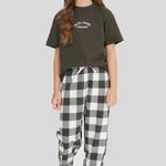Pijama Feminino Infantil Manga curta e Calça Dia de Pizza