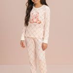 Pijama Feminino Infantil Manga longa e Calça Teddy Laços