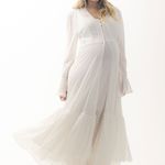 Robe Longo Sabrina em Tule Off White Renda Laise e Aplique de Guipir