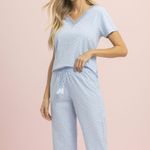 Pijama Feminino Pescador Manga curta Retrô Azul