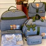 Kit Maternidade Safari Linho Cinza com Verde Militar