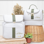Kit Mochila 2x1 + Frasqueira de Luxo Linho Cru com Verde Oliva