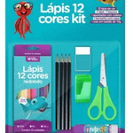 Kit Escolar Lápis 12 Cores + Borracha + Apontador + Tesoura + Cola Bastão + 4 Lápis Grafite - Onda