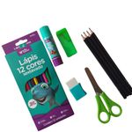 Kit Escolar Lápis 12 Cores + Borracha + Apontador + Tesoura + Cola Bastão + 4 Lápis Grafite - Onda