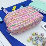 Estojo Escolar Telado Quadruplo Rosa com Bolinha - Daterra