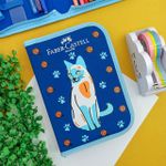 Kit Escolar Estojo Gato Azul  (Apontador, Borracha, 2 Canetas Esferográficas, 12 Lápis de Cor, Lápis Grafite e Régua) - Faber-Castell