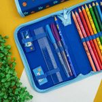 Kit Escolar Estojo Gato Azul  (Apontador, Borracha, 2 Canetas Esferográficas, 12 Lápis de Cor, Lápis Grafite e Régua) - Faber-Castell